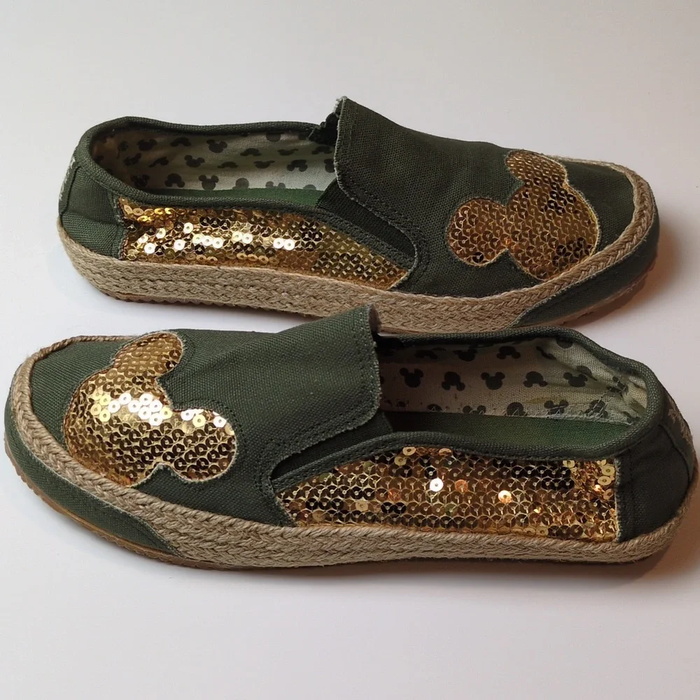 Disney Mickey Mouse Women's Olive Green Gold Sequin Espadrille Slip On Shoes 10
